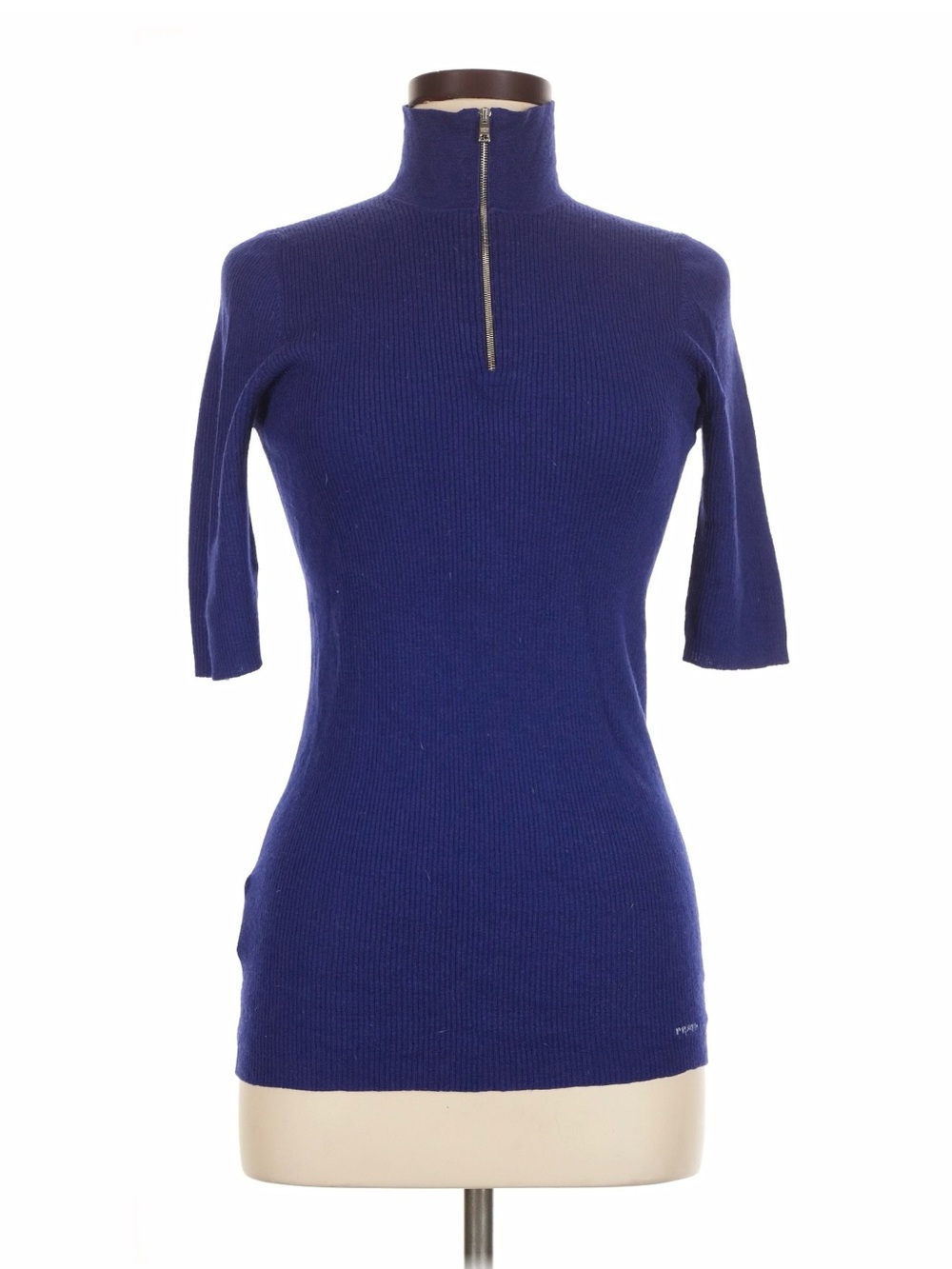 Prada Royal Blue Ribbed Half-Zip Mock Neck Top